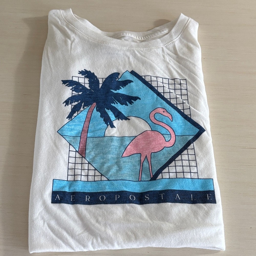 Aeropostale Kids White Tee with Flamingo and Palm Graphic